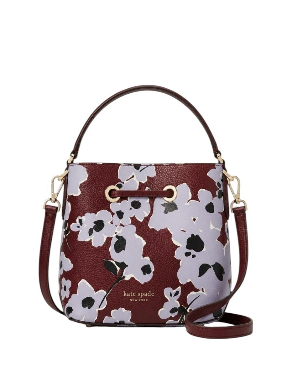 Kate Spade Burgundy And Lilac Floral Bucket Crossbody Bag